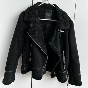 Double Faced Black Faux Suede Jacket with Faux Shearling Lining